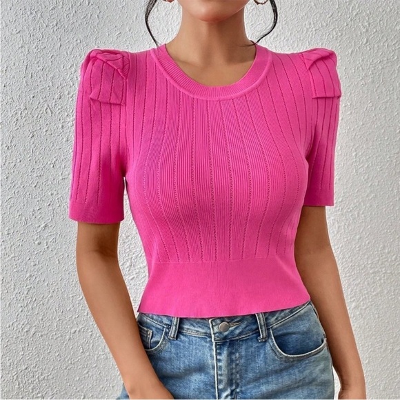Pink Ribbed Fitted Short Sleeve Blouse - Picture 3 of 3